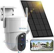 4MP QHD Solar Security Camera Outdoor Wireless WiFi, UCOCARE 360° PTZ Surveillance Cameras with 5W Solar Panel & 15000mAh Battery, PIR Motion Detection Alarm, 30m Color Night Vision, 2-Way Talk, IP66