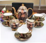 Bone China Golden Mona Lisa Coffee Tea Set Pot Sugar Creamer Saucer Cup