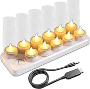 EuroFone Rechargeable LED Candles Tealight Flickering Yellow Lights Flameless with Charging Station Holder (12pcs)
