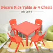 60x60cm Square Kids Children Playing Nursing Study Desk Table & 4 Red Chairs