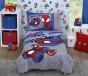 Spidey Toddler Cot Bed 4Pc Comforter Quilt Sheet Set Boys Spider Man Blue