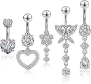 [JESMODA] 5pcs Belly Button Ring 14G 1.6MM Dangle Navel Belly Piercing Jewelry Cute CZ Heart Butterfly Flower Navel Belly Rings Silver Stainless Steel Belly Piercing for Women