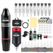 New Tattoo Machine Kit Complete Rotary Pen with 10pc Cartridge Needles 12pc Ink