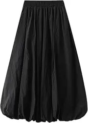 [Femiserah] Women's Elastic Waist A Line Midi Bubble Skirt Pompom Skirt Casual Lantern Skirt