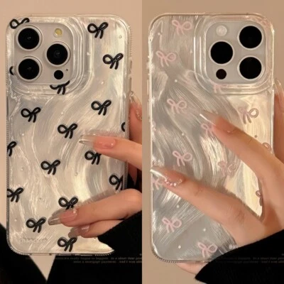 Silver Black Pink Bow Tie Case For iPhone 16 15 14 13 12 11 Pro Max Plus Cover