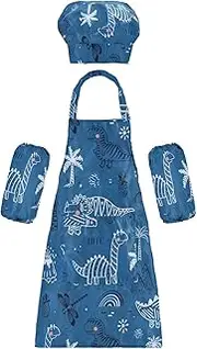 AIXIWAWA Kids Apron Chef Hat Set, Child Kitchen Bib Aprons Adjustable for Cooking Baking Painting (Doodle Cute Dinosaur)