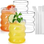 INFTYLE Ribbed Drinking Glasses with Straws, Set of 4, 300 ml Iced Coffee Glasses, Wave Glasses, Tumblers, Water Glasses, Long Drink Glasses, Glasses for Cocktails, Soda, Gift with Brush