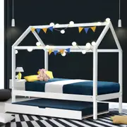198x100 Artiss Bed Frame Wooden Trundle Daybed Kids House Frame White HOLY