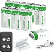 Rechargeable 9V Batteries with Charger and USB Cable 650mAh (5850mWh) Rechargeable Lithium Battery for Smoke Detector, Multimeter, Remote Controller, Wireless Microphone, Electric Guitar (8 Pcs)
