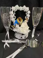 Disney Beauty and the Beast Wedding Cake Topper lot Glasses server set (NO BOOK)