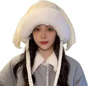 [SKUZA] Knitted Hat,Bunny Ear Hat Elastic Windproof Hat Ear Protections Hat Warm Fluffy Winter Knit Cable Hat for Women Girls Cosplay Cycling Skiing Windproof Cap