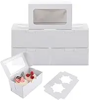 VIDETOL 100 Pack 2 Hole Cupcake Boxes, 6 Inch Cupcake Carrier With Transparent Window and Adjustable Inserts, Kraft Paper Small Cake Box for Cupcakes, Cookies, Muffins, Pastries and Donuts