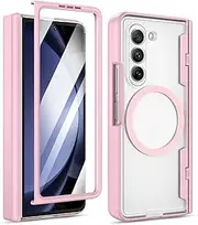 [Maxdara] for Z Fold 5 Case, Galaxy Z Fold 5 Full Body Hinge Protection Case [Screen Protector] [Compatible with Magsafe] Wireless Charging Magnetic Translucent Case for Samsung Galaxy Z Fold 5 (Pink)