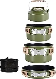 4Pcs Camping Cookware Outdoor, Backpacking Cooking Set Pots, 1.1L Kettle, 3L Large Pot, 2L Small Pot, 1.5L Frying Pan, Storage Bag, Nesting Storage, Non-Stick Pan, for Camping and Barbecue