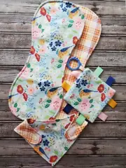 Flannel Baby Burp Cloths (2), Baby Bib, Crinkle Tag Toy, Baby Shower Gift