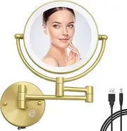 Rechargeable Magnifying Mirror Wall Mounted Mirror Swing Arm with Light, 8 Inch 1/5X Two-Sided Extendable Mirror for Bathroom Vanity Mirror for Wall, Touch Dimmable Brass Brushed Gold Indoor Art Ware
