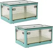2 Pack Plastic 4 Doors Collapsible Storage Bins with Lid & Wheels Foldable Lidded Storage Containers with Handle Slots Folding Organizer Cube for Camping Clothes Toys,White (Blue)