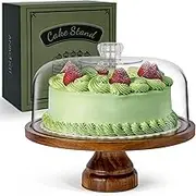 ANBOXIT Cake Stand with Dome Lid, Acacia Wood Cake Plate with Cover, Wooden Cake Display Stand with Acrylic Dome - Footed