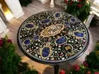 Black Marble Coffee Round Table Top, Semi Precious Pietra Dura Table Top Decor