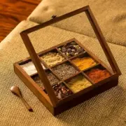 Craft Cooper Sheesham Wooden Table Top Brown Kitchen Masala Spice Box with Spoon