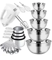 Electric Hand Mixer With Mixing Bowls, Measuring Cups, And Spoons