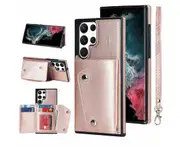 Case for Samsung Galaxy S23 Ultra, Leather Wallet Case With Card Pockets Back Flip Shockproof Cover Case-Rose Gold