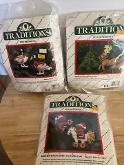 3 Vtg Traditions Christmas Ornament Felt Needle Craft Kit Santa Teddy Bear Geese