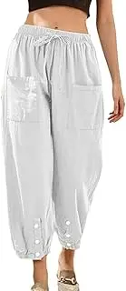 [HanzhuoLG] Women's Cotton Linen Pants Solid Color Two Front Pocket and Slit Design Casual Loose Cropped Pants White Large