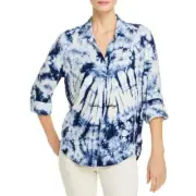 AQUA Gorgeous Top Shirt Blouse Tie-Dye Collared Front Pocket Roll Tab Sleeves L