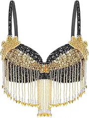[Choomomo] Women's Belly Dance Crop Top Adjustable Straps Tassels Sequins Bra Backless Night Club Party Costume