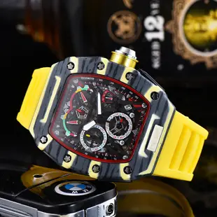 腕錶現貨禮物時尚休閒新款塗鴉男士手錶碳纖紋6針跑秒手錶 桶形理查德情侶手錶