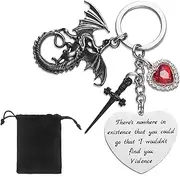 [Nhemeylp] Fourth Merch Wing Dragon Keychain with Sword and Red Heart Pendants, 4th Wing Dragon Keyring Book Lover Gifts for Fans Teen Girls, Sliver, 12x10x1cm