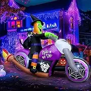 7FT Long Halloween Inflatable Witch Ride Motorcycle Decoration with Built-in LED Light