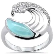 Natural Larimar & Cubic Zirconia Wave Design .925 Sterling Silver Ring