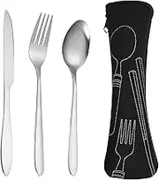 Cutlery Set with Portable Pouch Case, Stainless Steel Flatware Camping Utensil Set with Neoprene Bag for Outdoor Travel Picnic Office School Lunch Box (3 Pcs Black)