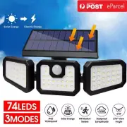 3 Head Solar Motion Sensor Light 74LED Outdoor Garden Wall Security Flood Lamp