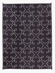 Floral Pattern Black and White Large Patio Outdoor Rug Camping Mat - 270 x 360 cm - Weatherproof Rug, Recycled Plastic, Sustainable, Eco Friendly UV Resistant, Durable Outdoor, Patio Rug