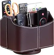 Remote Control Holder PU Leather 360 Degrees Rotatable Desktop Supply Organizer Storage Box for Controllers Media Stationery Nightstand TV Caddy E-reader iPad Phone Pen/Pencil Cosmetic(Brown)