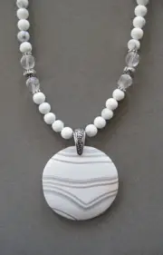 Pretty Round White Striped Agate Pendant Necklace with Tourmaline Beads