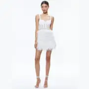 NEW Alice + Olivia Sizes 10, 12 Xia Sheer Bustier Feathered Mini Dress - White