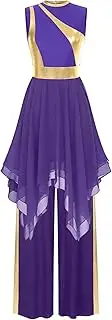 [Sxiwei] Women Patchwork Lyrical Dance Costume Sleeveless Irregular Hem Dress with Pants Ballroom Dancewear