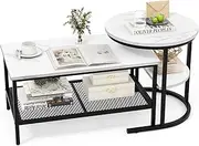 Giantex Nesting Coffee Table Set of 2, Detachable Table Set, Faux Marble Top 2 PCS Coffee Table Set w/Storage Shelf, Small Round End Table & Rectangular Coffee Table Set (Black & White)