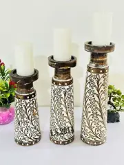 Pillar Candle Holder,Rustic White Wood Candle Holders,Table Centerpiece Set of 3