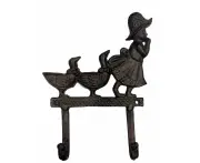 Girl And Her Duckling 2 Hooks For Keys or Coats Cast Iron Handcrafted Black