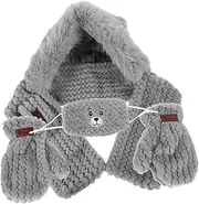 [Healeved] 1 Set Women's Bear Ear Hat Scarf Mask Glove Set Hooded Cap Windproof Cycling Gloves Warm and Stylish for Outdoor Sports Grey