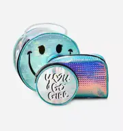 NWT Justice Girls Holographic Smile Travel Pouch 3-Pack Make-up Bag Case