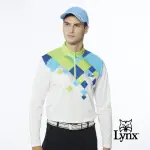 【LYNX GOLF】男款吸濕排汗網眼材質漸層格紋設計山貓繡花長袖立領POLO衫/高爾夫球衫(綠色)