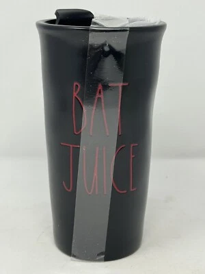 Rae Dunn Artisan Black “Bat Juice” Ceramic 7” Travel Mug Tumbler coffee tea NEW