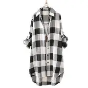 Women Shirt Plaid Print Contrast Color Irregular Hem Single-breasted Long Sleeve Lapel Oversized Soft Breathable Top black white 3XL