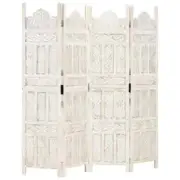 Hand Carved 4-Panel Room Divider Folding Privacy Screen Stand White Mango Wood
